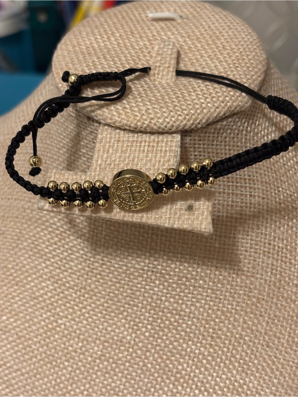 Black and Gold Beaded Adjustable Religious Saint Cord Bracelet